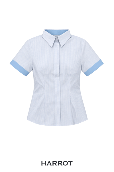 เสื้อพนักงานต้อนรับหญิง ลายตารางสีฟ้าอ่อน แขนสั้นแต่งสีขอบฟ้า