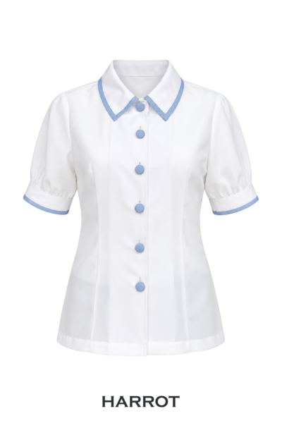 เสื้อพนักงานต้อนรับหญิง สีขาวขอบฟ้า แขนสั้น กระดุมหุ้มผ้าสีฟ้า