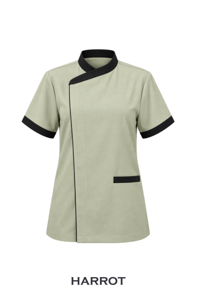 เสื้อแม่บ้าน/พ่อบ้าน แขนสั้น สีกากี คอป้าย แต่งดำ สาบซ่อน