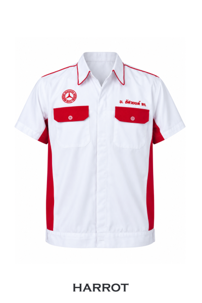เสื้อช่าง แขนสั้น สีขาวแต่งสีแดง กระเป๋าหน้า 2 ใบ