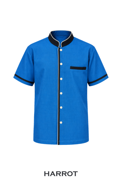 เสื้อแม่บ้าน/พ่อบ้าน แขนสั้น สีน้ำเงิน คอจีน แต่งกรมกุ๊นสีครีม