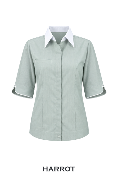 เสื้อพนักงานต้อนรับหญิง สีเขียวอ่อน คอเชิ๊ต ปกขาว แขนสามส่วน