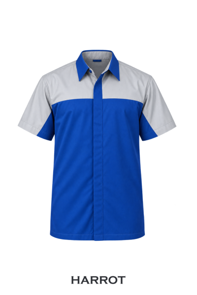 เสื้อช่าง แขนสั้น สีน้ำเงินแต่งสีเทา สาบซ่อน