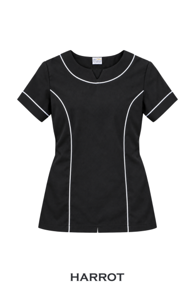 เสื้อพนักงานต้อนรับหญิง สีดำกุ๊นสีขาว แขนสั้น คอกลม