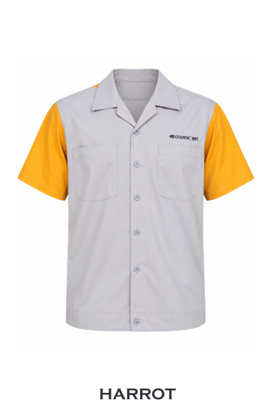 เสื้อช่าง แขนสั้น สีเทาแขนแต่งสีเหลือง ปกฮาวาย กระเป๋าหน้าปะ 2 ใบ