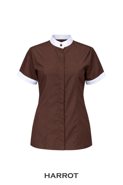 เสื้อพนักงานต้อนรับหญิง สีน้ำตาลแขนสั้น คอจีนแต่งขอบแขนสีขาว