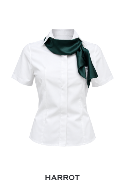 เสื้อพนักงานต้อนรับหญิง สีขาวแขนสั้น แต่งผ้าพันคอสีเขียวเข้ม