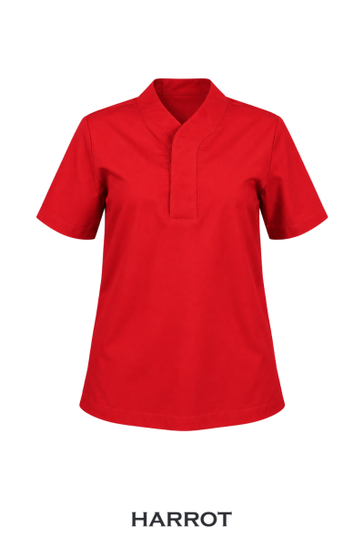 เสื้อพนักงานต้อนรับหญิง สีแดงแขนสั้น คอป้าย