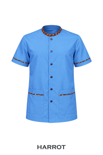 เสื้อสปา สีฟ้า คอตั้ง แขนสั้น แต่งขอบลายไทย พร้อมกระเป๋าล่าง