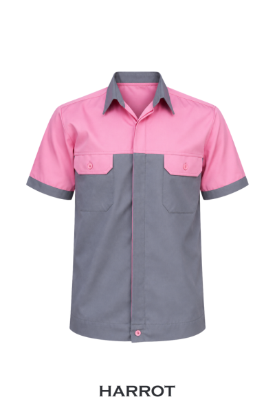 เสื้อช่าง แขนสั้น สีเทาแต่งสีชมพู กระเป๋าอก 2 ใบ