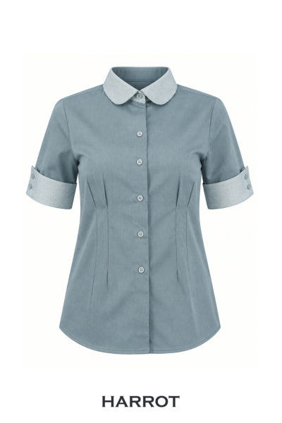 เสื้อแม่บ้าน สีเทา คอบัวสีเทาอ่อน แขนสั้น พับปลาย