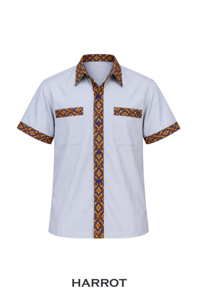เสื้อเสิร์ฟ สีเทาอ่อน ปกเชิ้ตแขนสั้น แต่งลายไทยโทนสีทอง