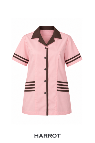 เสื้อแม่บ้าน/พ่อบ้าน แขนสั้น สีชมพูแต่งสีน้ำตาล ปกฮาวาย