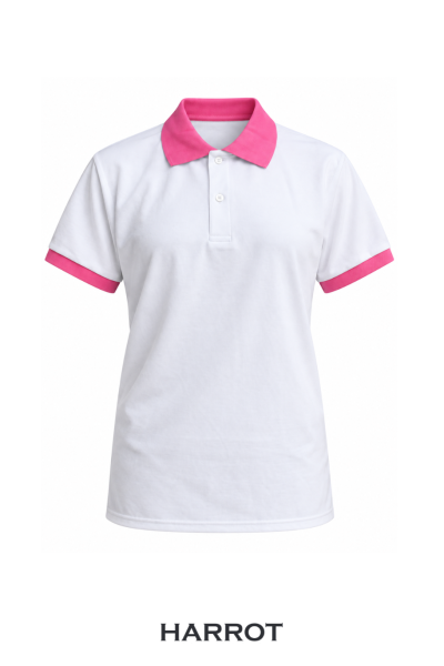เสื้อยืดโปโล แขนสั้น สีขาวปกชมพู แต่งขอบแขนสีชมพู