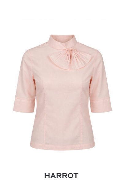 เสื้อพนักงานต้อนรับหญิง สีชมพูพีช แขนสามส่วน คอตั้งแต่งผ้าจีบ