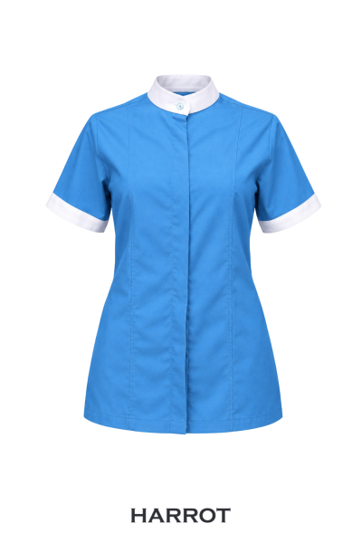 เสื้อพนักงานต้อนรับหญิง สีฟ้าแขนสั้น คอจีนและขอบแขนสีขาว