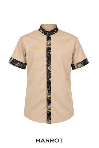 เสื้อเสิร์ฟ สีเบจแขนสั้น คอจีน แต่งลวดลายดำทอง