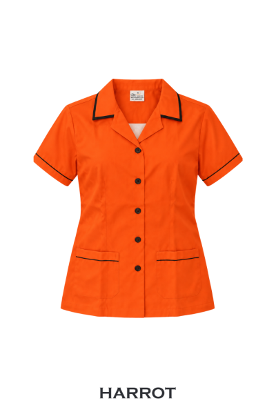 เสื้อแม่บ้าน/พ่อบ้าน แขนสั้น สีส้มกุ๊นดำ ปกฮาวาย กระเป๋าหน้า 2 ข้าง