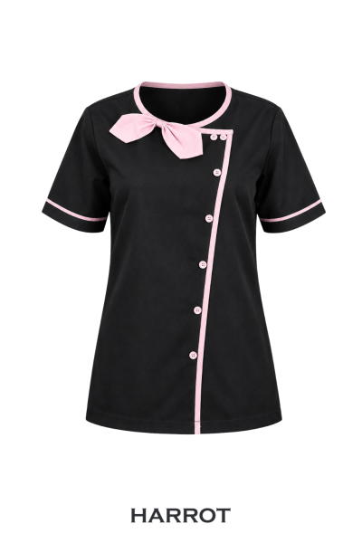 เสื้อพนักงานต้อนรับหญิง สีดำกุ๊นชมพู แขนสั้น คอกลมแต่งโบ