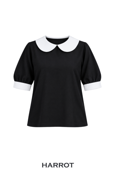 เสื้อแม่บ้าน/พ่อบ้าน สีดำ คอบัวสีขาว แขนตุ๊กตา แต่งขอบขาว
