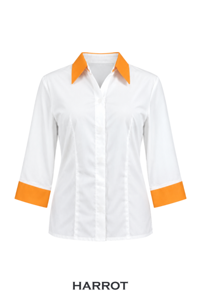 เสื้อเสิร์ฟหญิง สีขาวปกส้ม แขนสามส่วน ขอบแขนสีส้ม