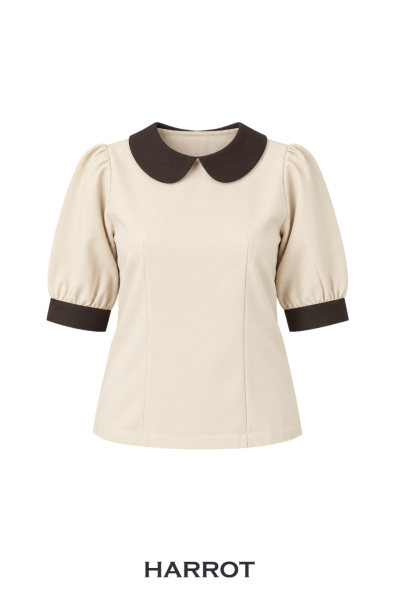 เสื้อแม่บ้าน/พ่อบ้าน สีครีม คอบัวน้ำตาล แขนตุ๊กตา