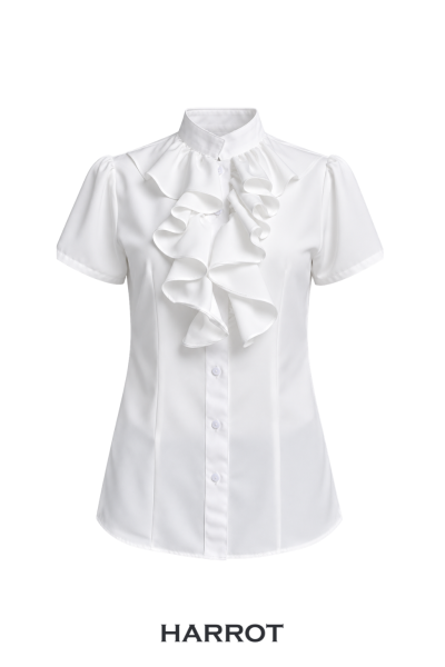 เสื้อพนักงานต้อนรับหญิง สีขาวแขนสั้น คอตั้งแต่งระบายด้านหน้า