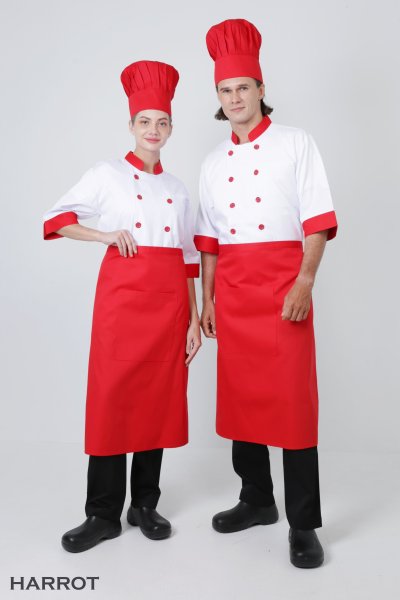 เสื้อเชฟ แขนสามส่วน สีขาว ปกแดง