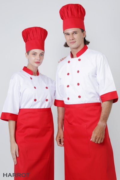 เสื้อเชฟ แขนสามส่วน สีขาว ปกแดง