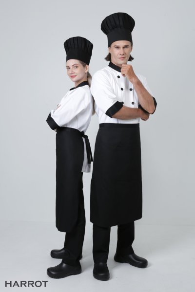 เสื้อเชฟ แขนสามส่วน สีขาว ปกดำ