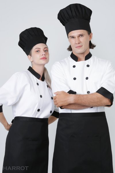 เสื้อเชฟ แขนสามส่วน สีขาว ปกดำ