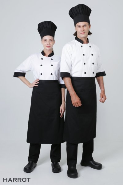 เสื้อเชฟ แขนสามส่วน สีขาว ปกดำ