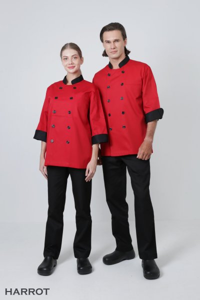เสื้อเชฟ แขนสามส่วน สีแดง ปกดำ