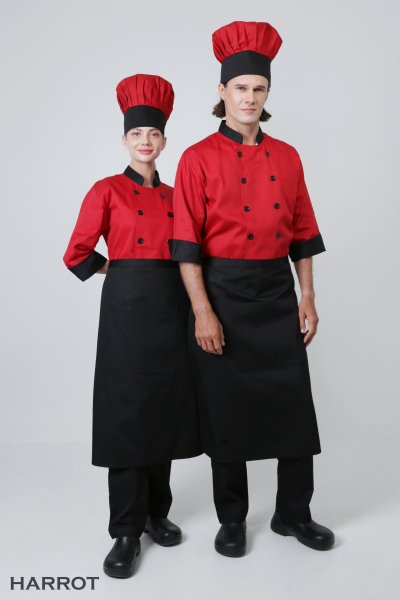 เสื้อเชฟ แขนสามส่วน สีแดง ปกดำ