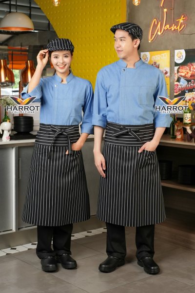 เสื้อเชฟ แขนสามส่วน ยีนส์ฟอก กระดุมแป๊ก