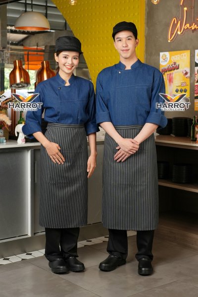 เสื้อเชฟ แขนสามส่วน ยีนส์ฟอก กระดุมแป๊ก