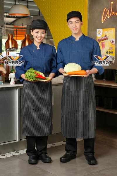 เสื้อเชฟ แขนสามส่วน ยีนส์ฟอก กระดุมแป๊ก