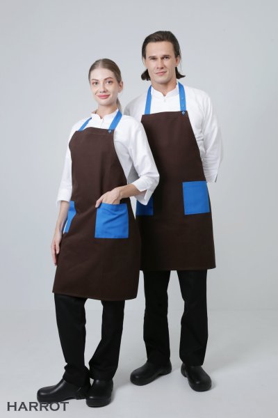 ผ้ากันเปื้อน เต็มตัว สีน้ำตาล กระเป๋าแต่งสี