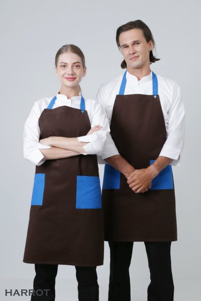 ผ้ากันเปื้อน เต็มตัว สีน้ำตาล กระเป๋าแต่งสี