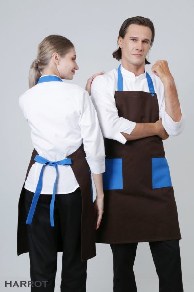 ผ้ากันเปื้อน เต็มตัว สีน้ำตาล กระเป๋าแต่งสี