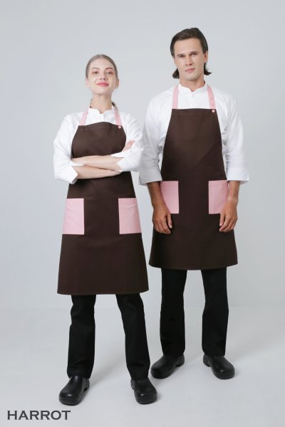 ผ้ากันเปื้อน เต็มตัว สีน้ำตาล กระเป๋าแต่งสี