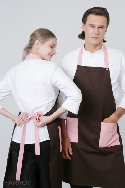 ผ้ากันเปื้อน เต็มตัว สีน้ำตาล กระเป๋าแต่งสี