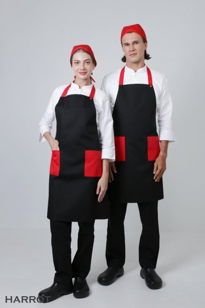 ผ้ากันเปื้อน เต็มตัว พื้นดำแต่งสีกระเป๋า