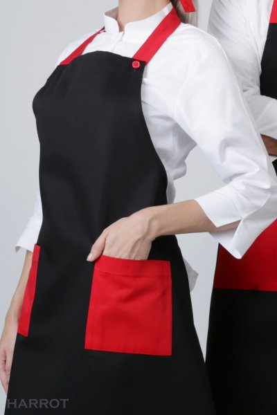 ผ้ากันเปื้อน เต็มตัว พื้นดำแต่งสีกระเป๋า