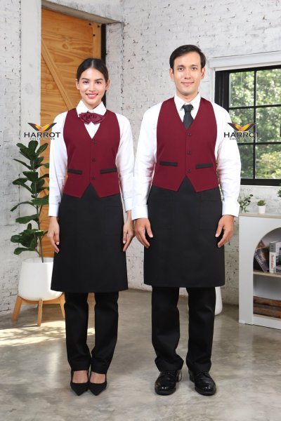 ผ้ากันเปื้อน เต็มตัว แบบเสื้อกั๊ก สีเลือดหมู-ดำ