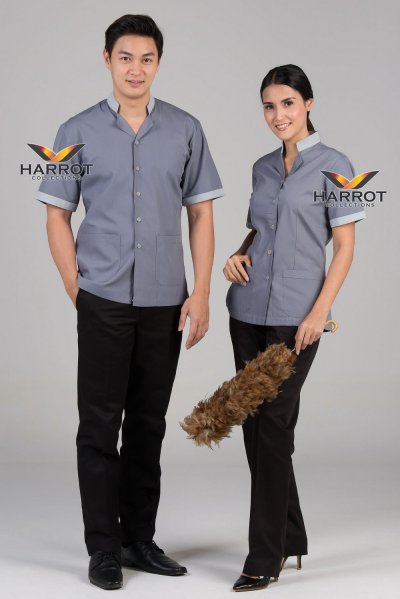 เสื้อแม่บ้าน/พ่อบ้าน ปกตั้ง ผ้าโทเรบิสคอป