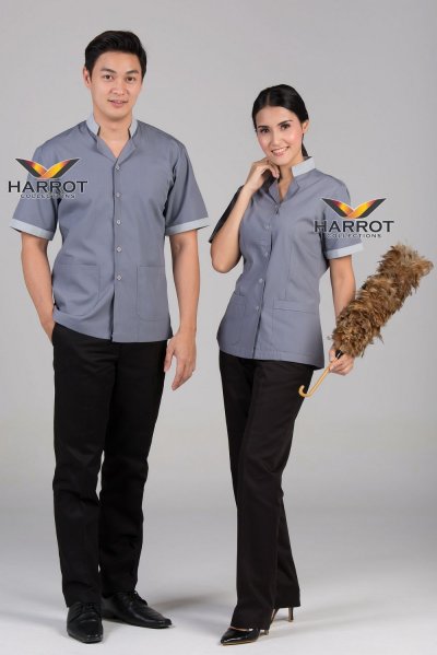 เสื้อแม่บ้าน/พ่อบ้าน ปกตั้ง ผ้าโทเรบิสคอป