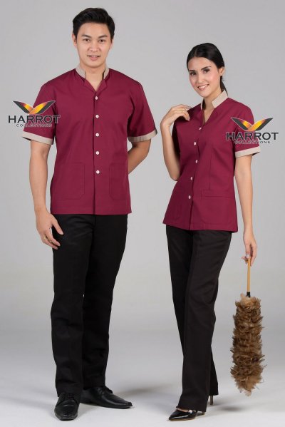 เสื้อแม่บ้าน/พ่อบ้าน ปกตั้ง ผ้าโทเรบิสคอป