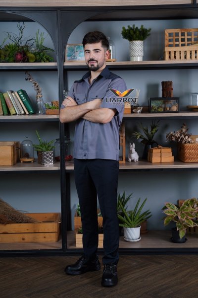 เสื้อช๊อป แขนสั้น เทาแต่งเทาเข้ม