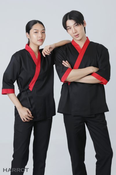 เสื้อเชฟ ญี่ปุ่น แขนสี่ส่วน สีดำ กุ๊นแดง